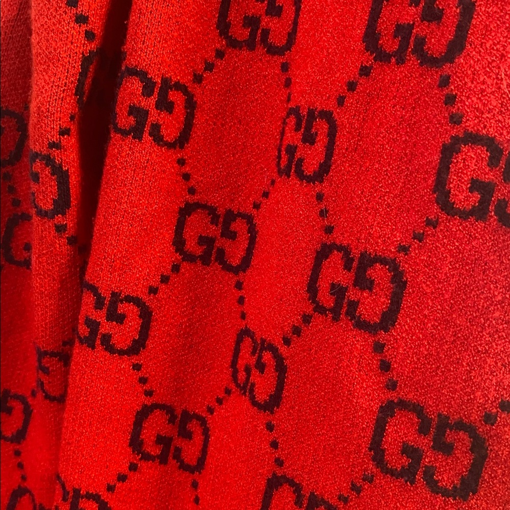 Double GG print red black hooded long cardigan sweater - Picture 3 of 9